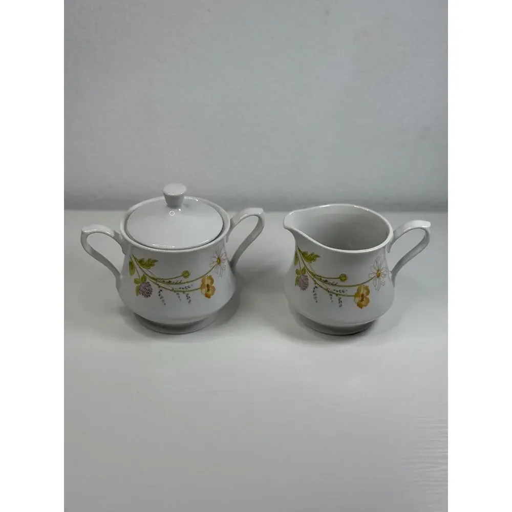 Vintage Mikasa Heather L5005 Fine China Sugar Bowl and Creamer Set, Gold Floral